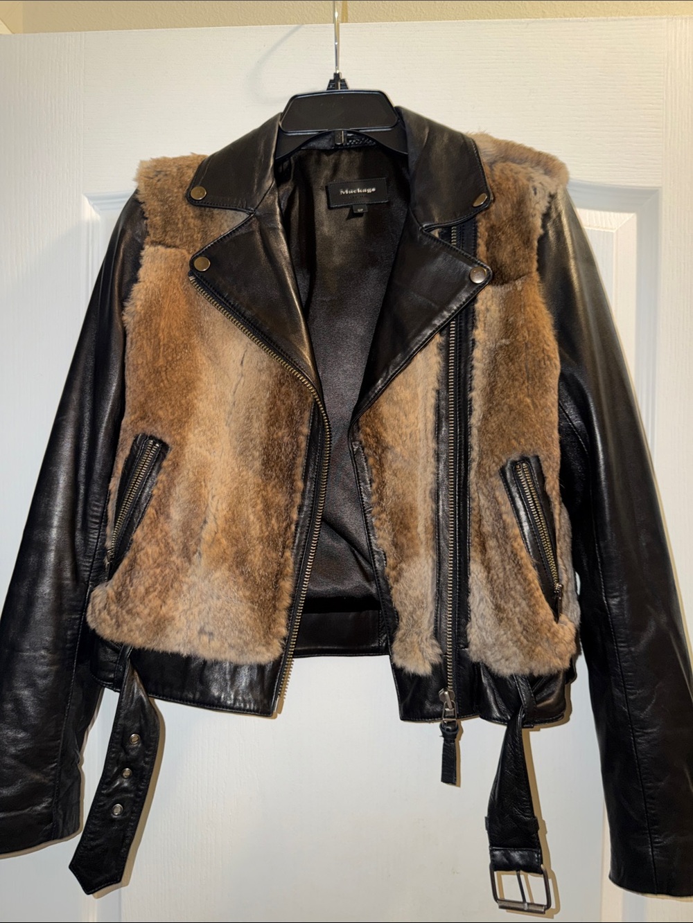 Mackage Black Leather Moto Jacket with Brown Fur Front
